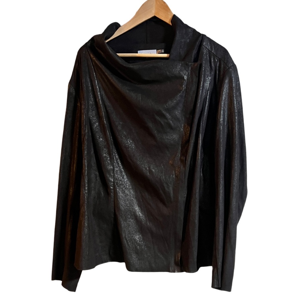 🏍️ Calvin Klein Black Faux Leather Moto Jacket 2X – Asymmetrical Zip Front